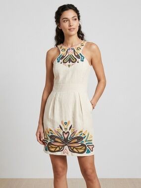 French Connection Cream Embroidered Mini Dress with Multicolor Accents Size 0